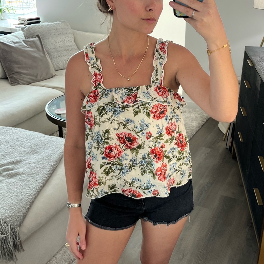 American Eagle White Blue Pink Floral Eyelet Ruffle Tank Top XS